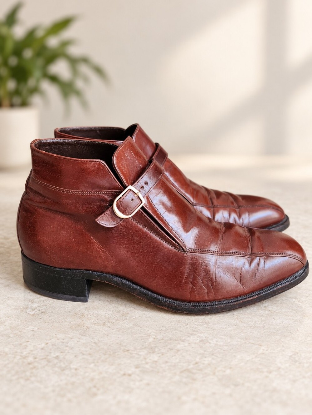 Vintage Florsheim  Brown Leather Monk Strap Ankle Boots, Men's 9.5 D